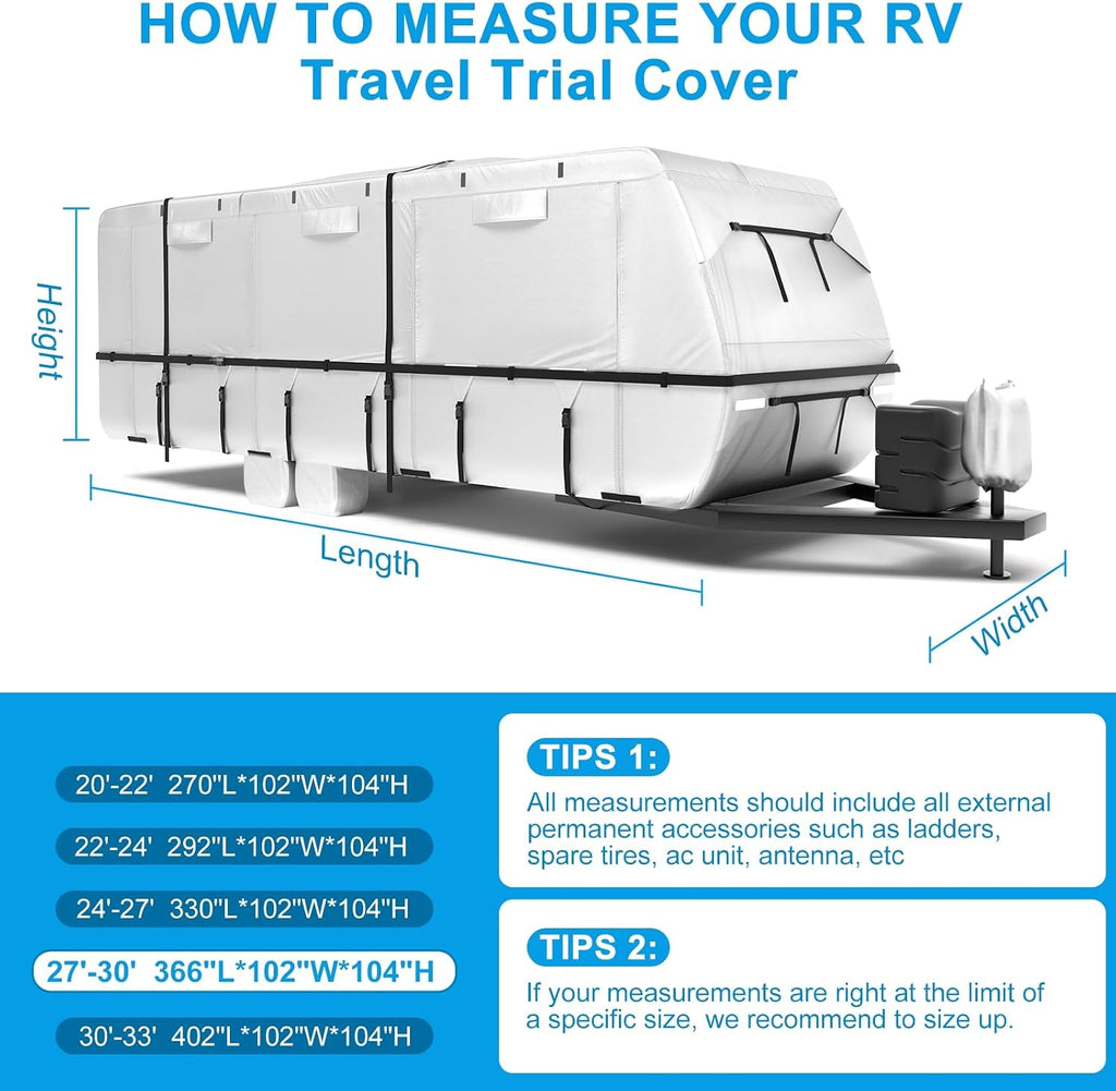 Mofeez Oxford Fabric Travel Trailer RV Cover, Camper Cover with 420D Oxford for The Top, 27'-30' Tearproof Waterproof Windproof Travel Trailer Cover with 4 Tire Covers, Jack Cover and Zippered Doors - image 7