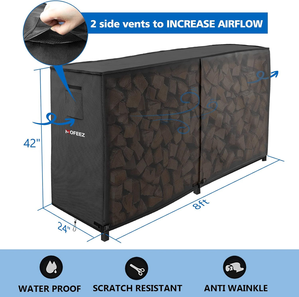 MOFEEZ 8ft Firewood Log Rack Cover Outdoor, Waterproof Weather Resistant Solid 600D Oxford PVC Coating Fabric (Black, 96" L x 24" W x 42" H) - image 2