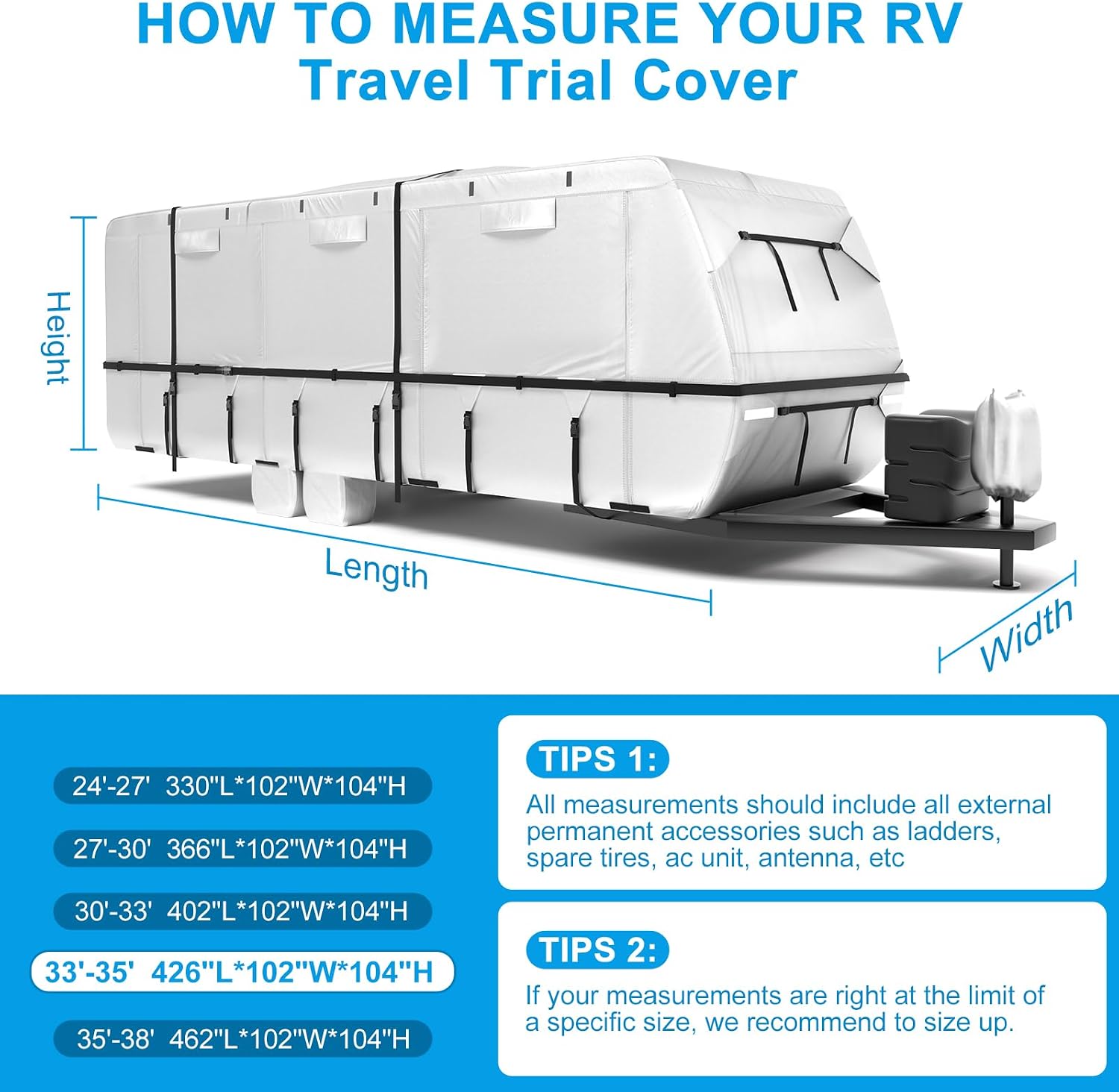 Mofeez Oxford Fabric Travel Trailer RV Cover, Camper Cover with 420D Oxford for The Top, 33'-35' Tearproof Waterproof Windproof Travel Trailer Cover with 4 Tire Covers, Jack Cover and Zippered Doors - image 7
