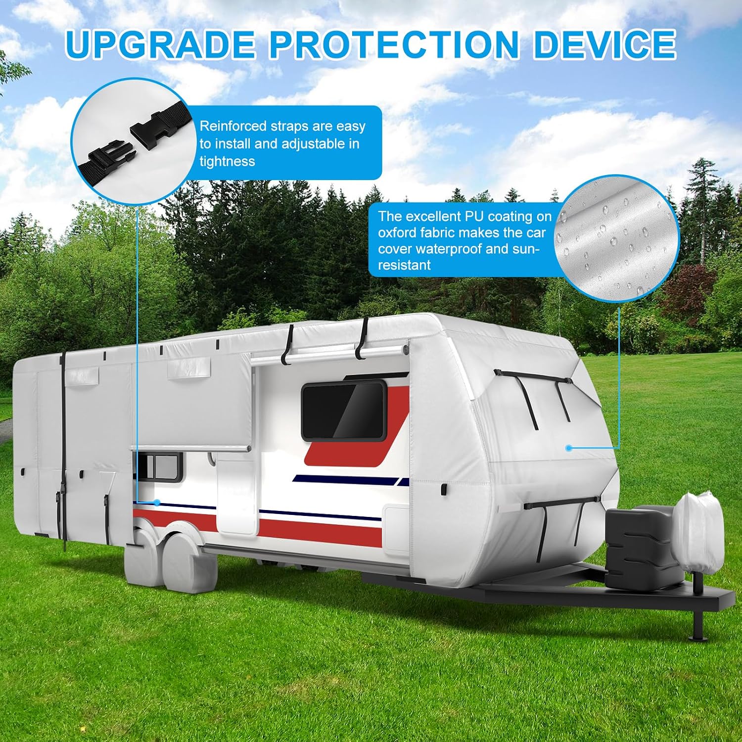 Mofeez Oxford Fabric Travel Trailer RV Cover, Camper Cover with 420D Oxford for The Top, 27'-30' Tearproof Waterproof Windproof Travel Trailer Cover with 4 Tire Covers, Jack Cover and Zippered Doors - image 4