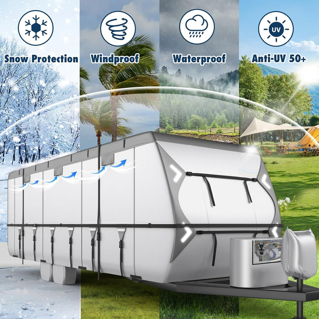 Mofeez Oxford Fabric Travel Trailer RV Cover, Camper Cover with 420D Oxford Travel Trailer Cover 27-30 ft Tearproof Waterproof Windproof with Tire Covers, Jack Cover and Propane Tank Cover - image 6