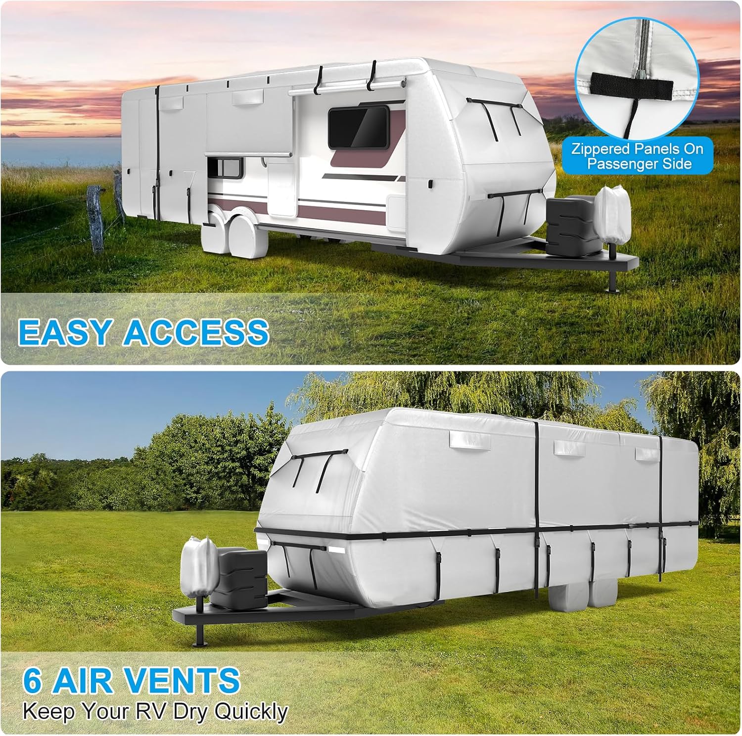 Mofeez Oxford Fabric Travel Trailer RV Cover, Camper Cover with 420D Oxford for The Top, 27'-30' Tearproof Waterproof Windproof Travel Trailer Cover with 4 Tire Covers, Jack Cover and Zippered Doors - image 5